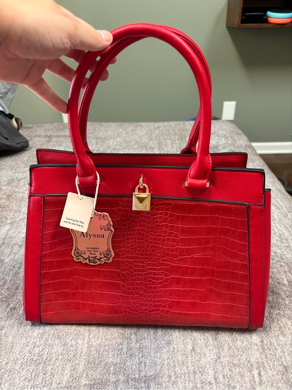 Red Croc-Embossed Satchel with Gold Lock Detail